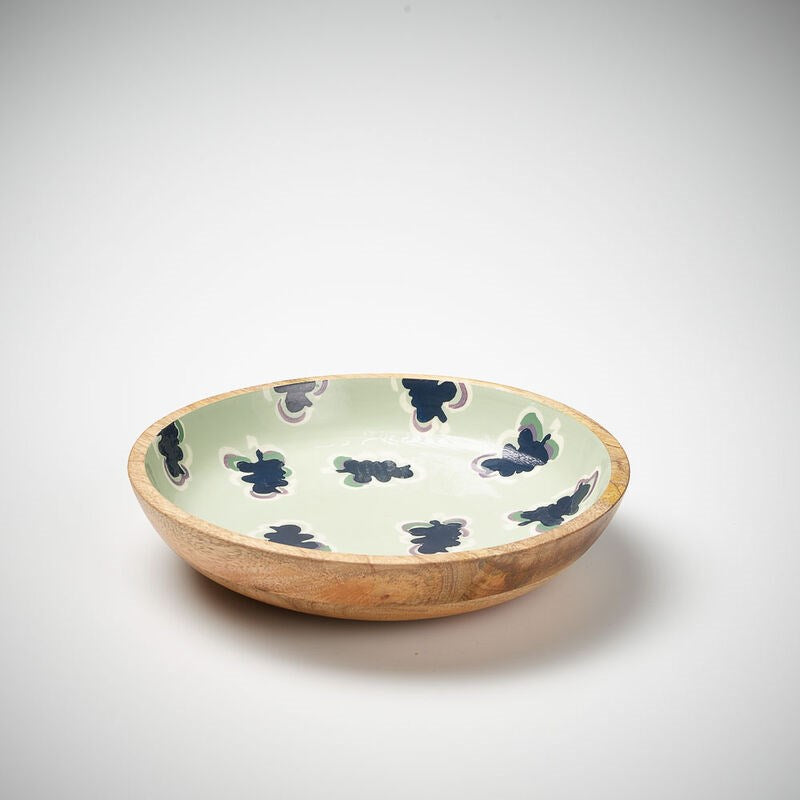 wooden shallow bowl with navy ad sea mist gidget print
