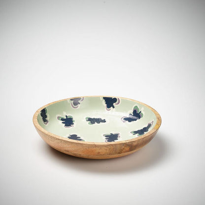 wooden shallow bowl with navy ad sea mist gidget print