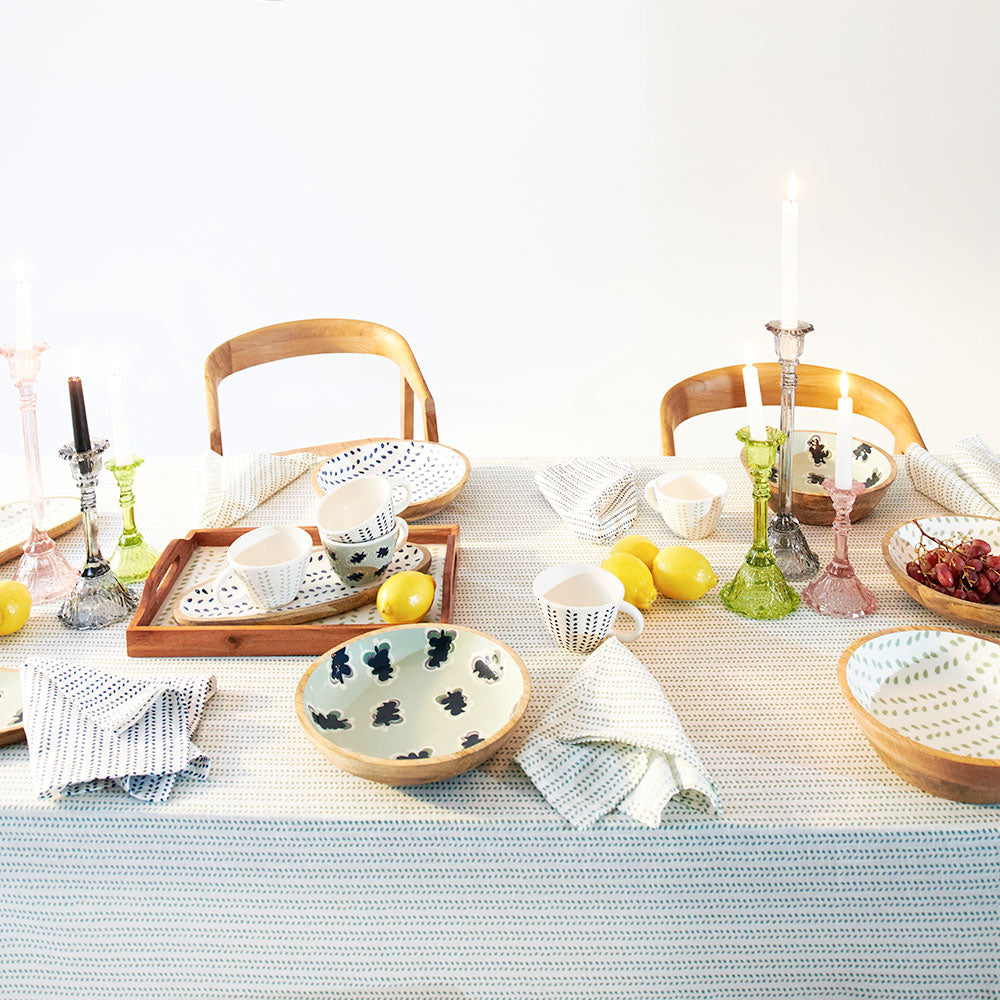wooden shallow bowl in sea mist leaf print 