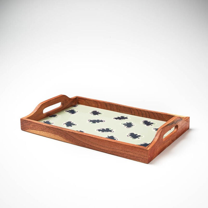 wooden tray with handles and gidget sea mist and navy print 