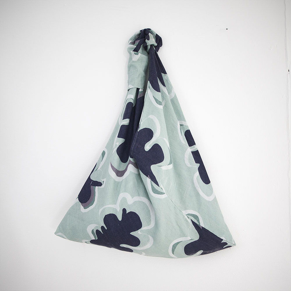 large linen beach bag in navy and seamist print gidget