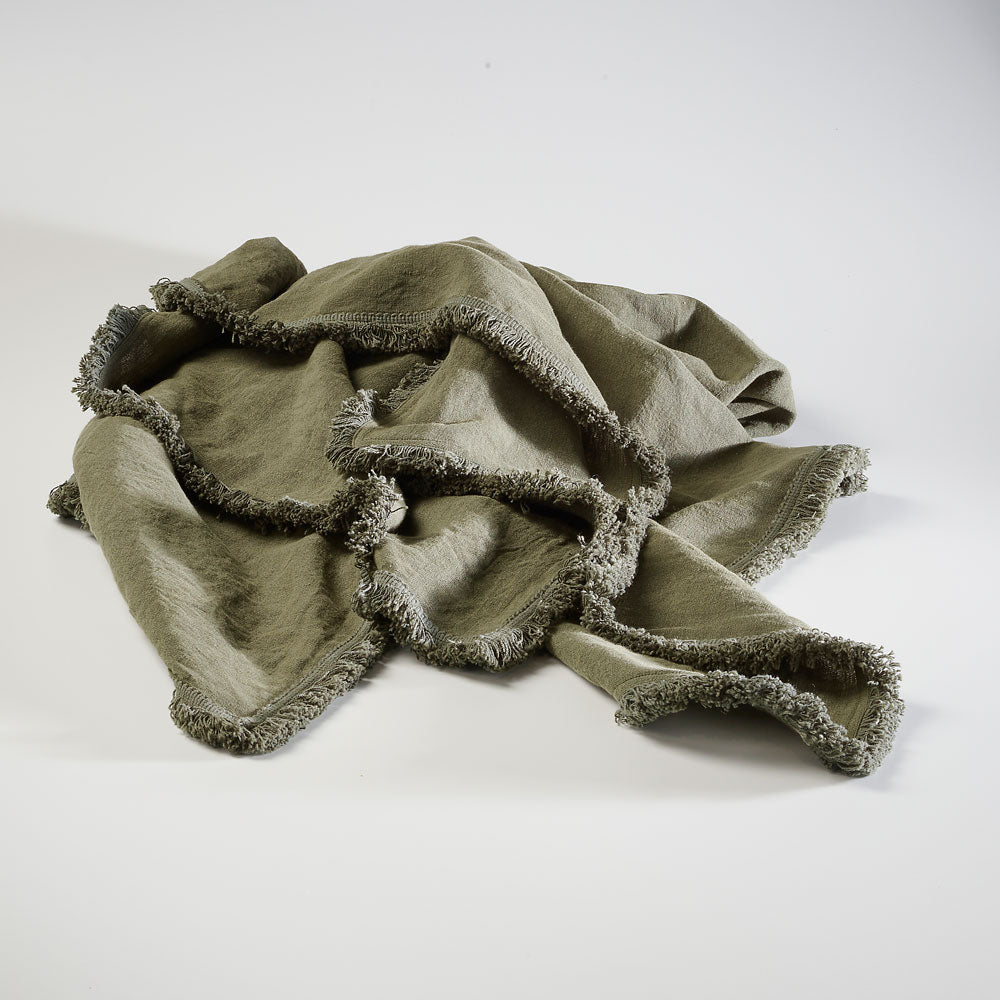 100% linen throw with fringe edge feature in khaki green