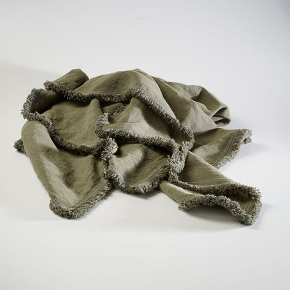 100% linen throw with fringe edge feature in khaki green