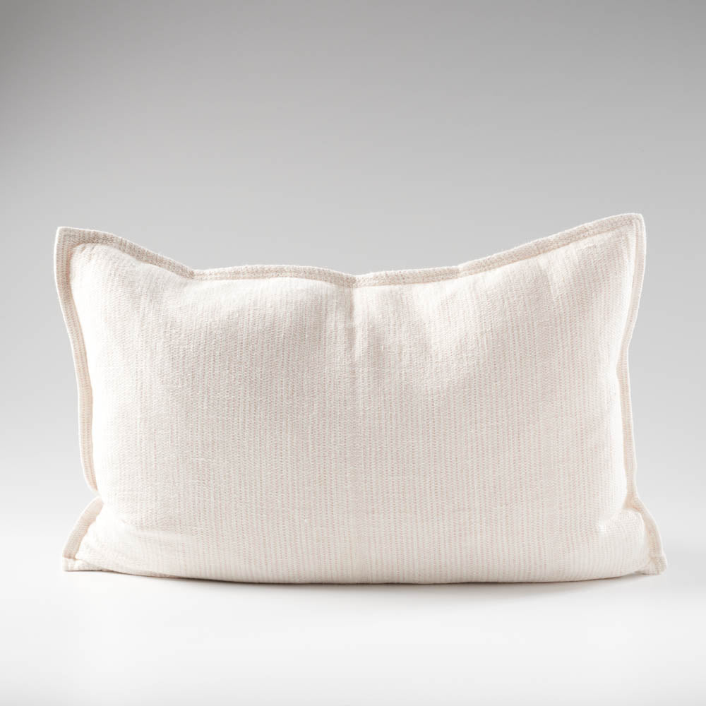 100% linen cushion in a pink and white faint stripe pattern which is reversible