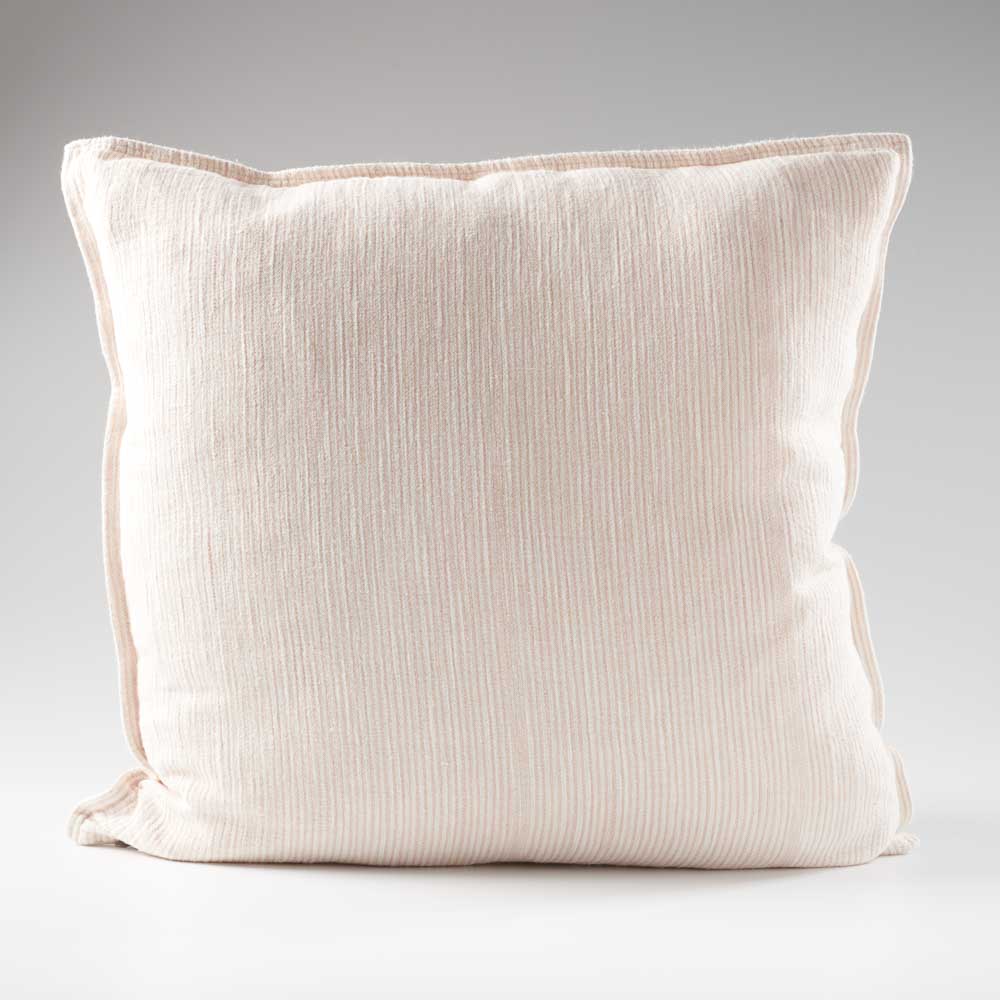 100% linen cushion in a pink and white faint stripe pattern which is reversible
