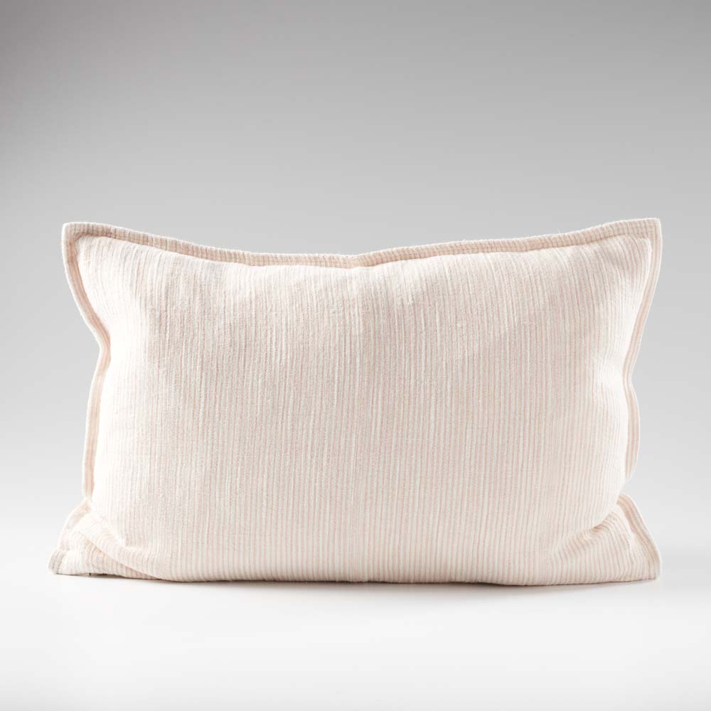 100% linen cushion in a pink and white faint stripe pattern which is reversible