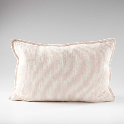 100% linen cushion in a pink and white faint stripe pattern which is reversible