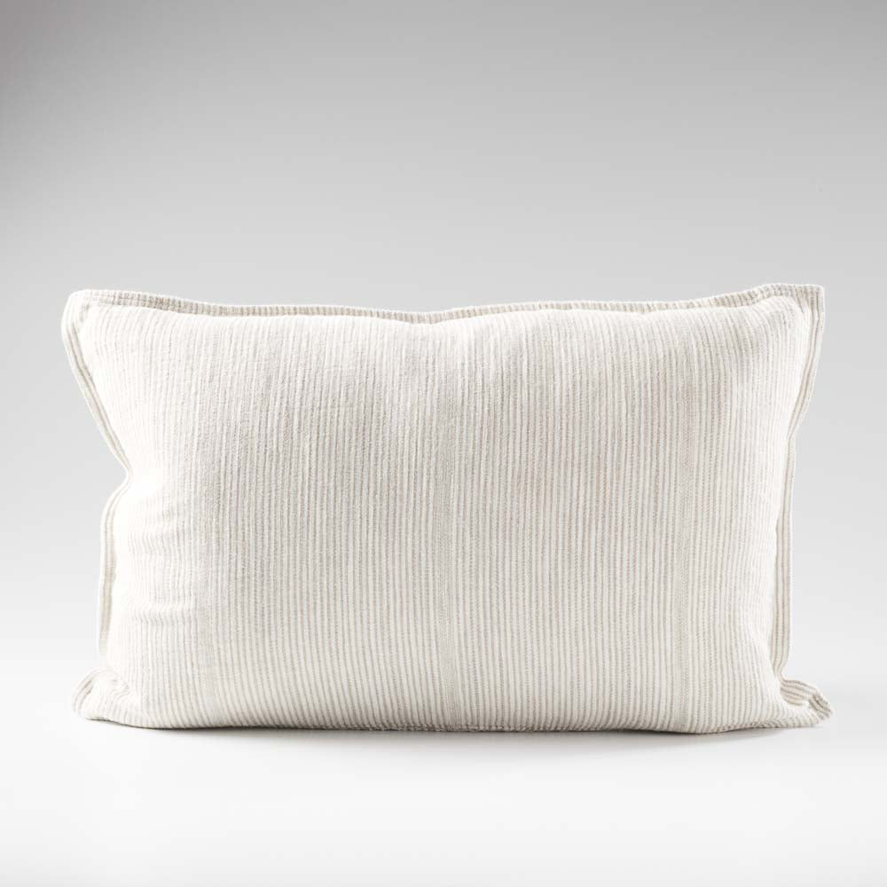 100% linen cushion in a natural and white faint stripe pattern which is reversible