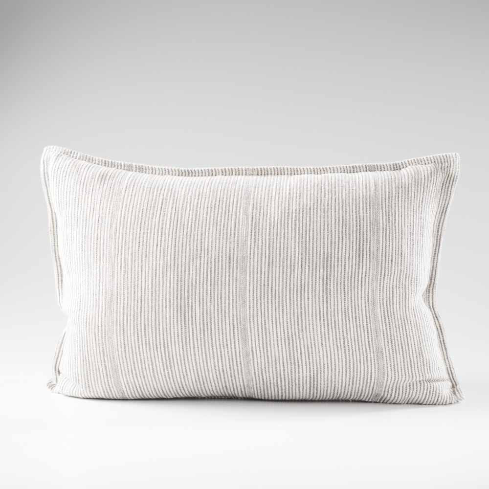 100% linen cushion in a slate and white faint stripe pattern which is reversible
