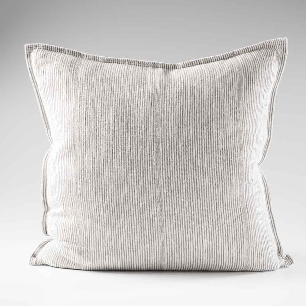 100% linen cushion in a slate and white faint stripe pattern which is reversible