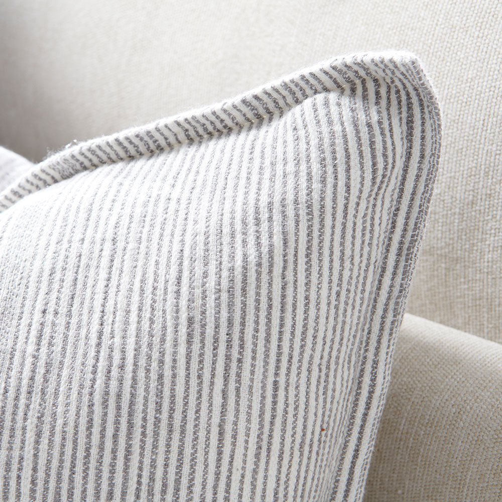 100% linen cushion in a slate and white faint stripe pattern which is reversible