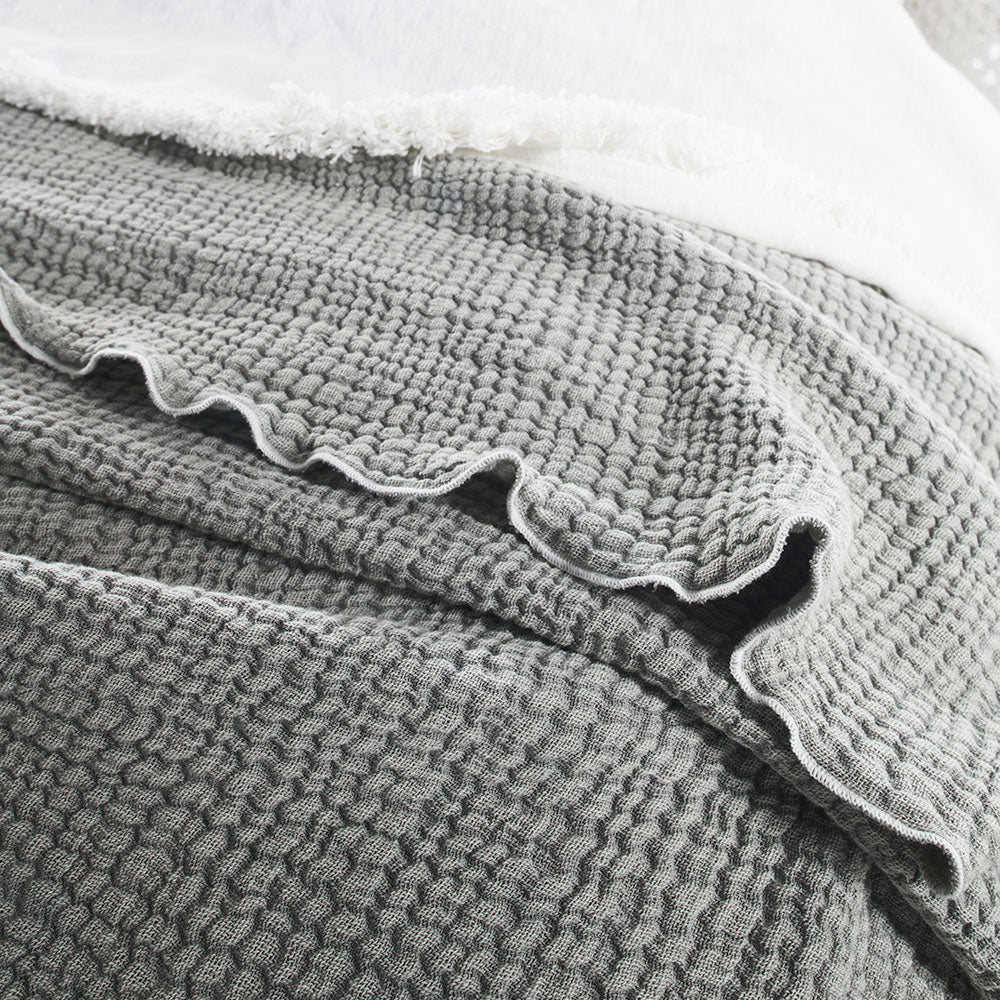 pistachio coloured duvet set with contrast stitching, lettuce edge and wooden button feature