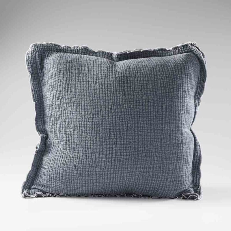 steel blue coloured cushion in a soft fabric with a double flange design and contrast stitching detail
