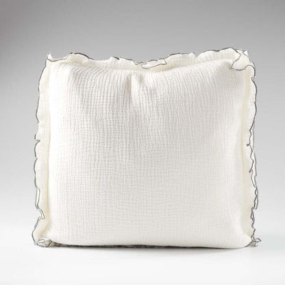 white coloured cushion in a soft fabric with a double flange design and contrast stitching detail