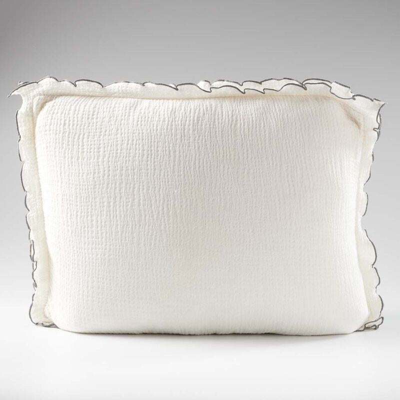 white coloured cushion in a soft fabric with a double flange design and contrast stitching detail
