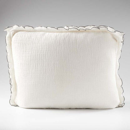 white coloured cushion in a soft fabric with a double flange design and contrast stitching detail