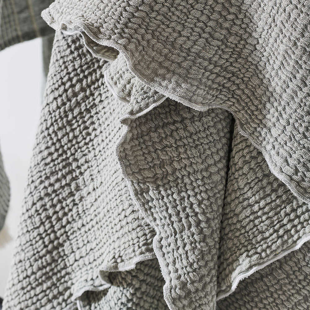 pistachio throw lettuce edge trim and contrast stitching feature