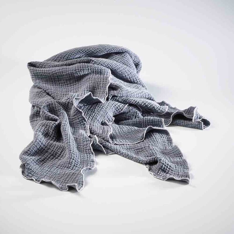 steel blue throw lettuce edge trim and contrast stitching feature