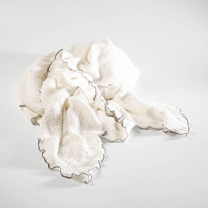 white throw lettuce edge trim and contrast stitching feature