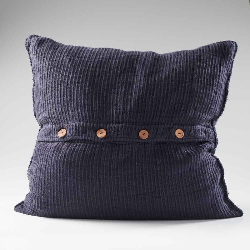 navy blue ribbed linen cushion with wooden button closure feature and frayed edging