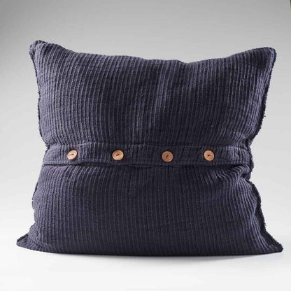 navy blue ribbed linen cushion with wooden button closure feature and frayed edging