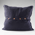 navy blue ribbed linen cushion with wooden button closure feature and frayed edging