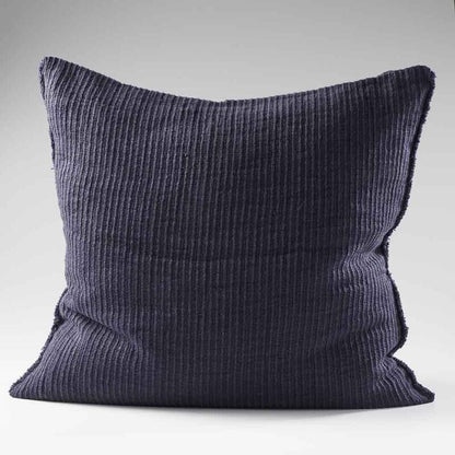 navy blue ribbed linen cushion with wooden button closure feature and frayed edging