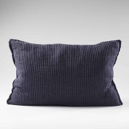 navy blue ribbed linen cushion with wooden button closure feature and frayed edging