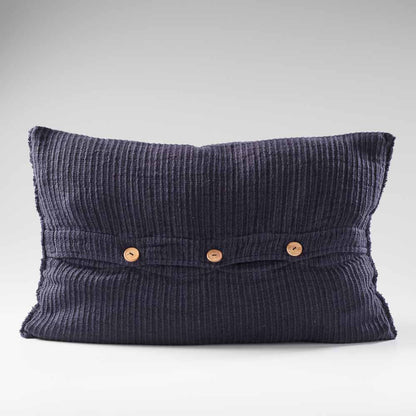 navy blue ribbed linen cushion with wooden button closure feature and frayed edging