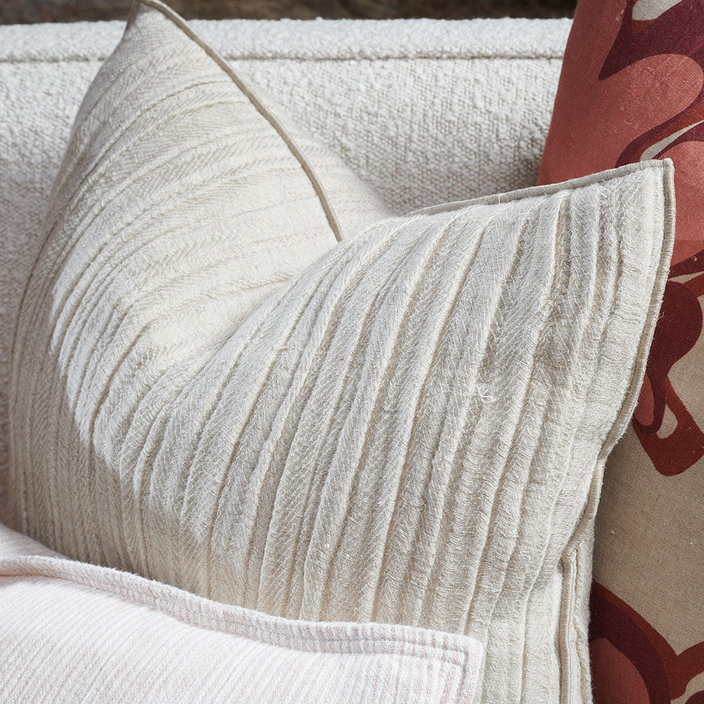 ribbed soft blend of linen and cotton cushion in a natural colour with piping feature