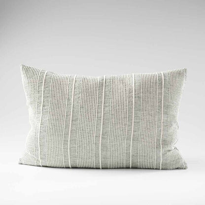pistachio linen cushion with a white stripe feature 