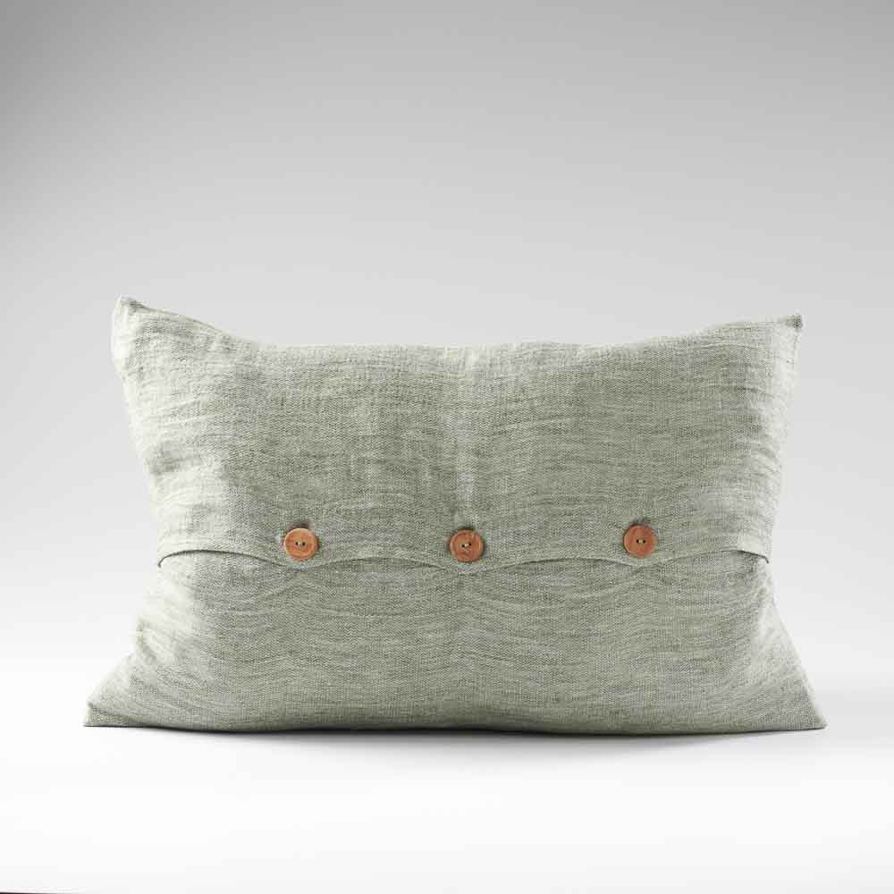 pistachio linen cushion with wooden button feature
