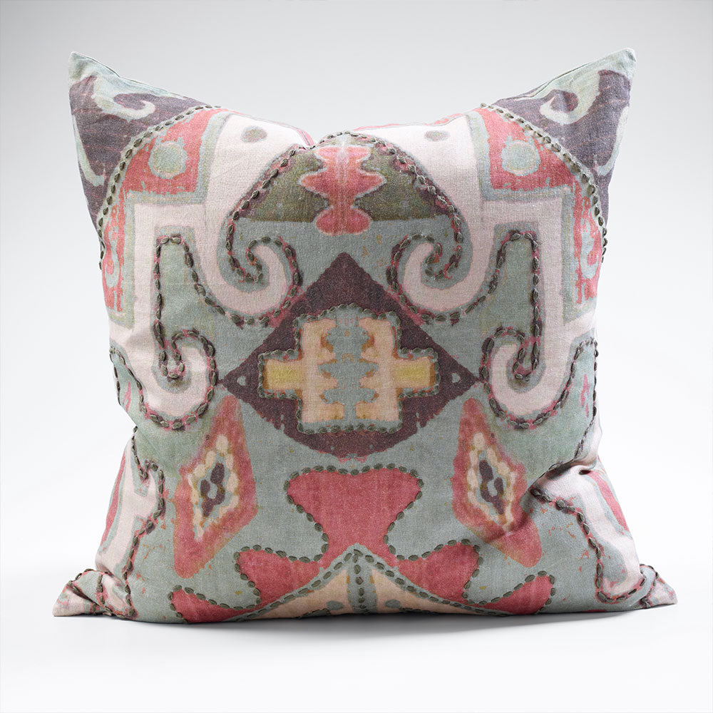 Tribale Linen Cushion with Hand Tacking - Multi Coloured - 60x60cm