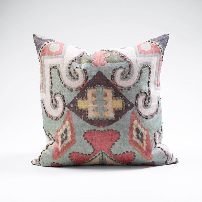 Tribale Linen Cushion with Hand Tacking - Multi Coloured - 50x50cm