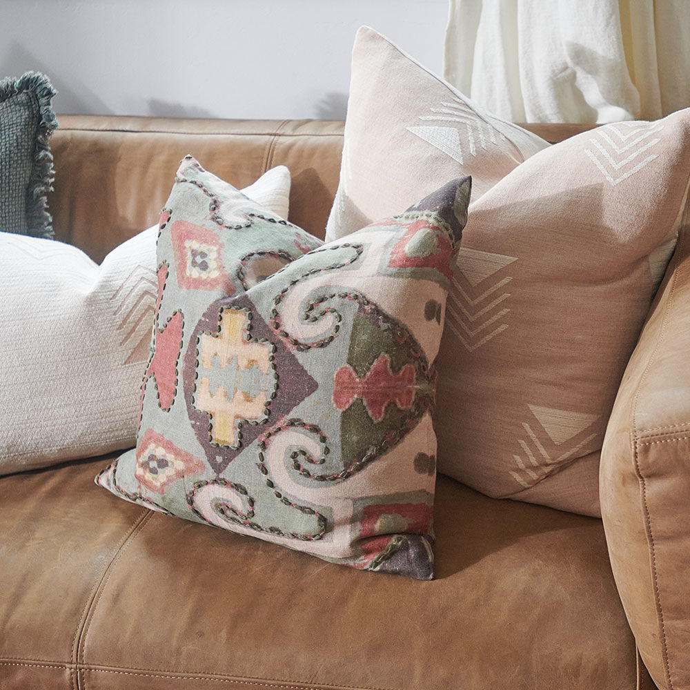 Tribale Linen Cushion with Hand Tacking - Multi Coloured