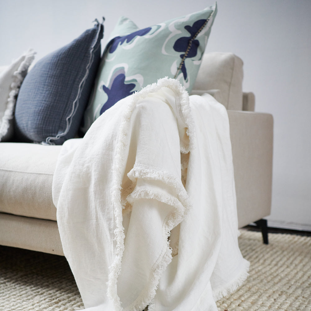 100% linen throw with fringing detail in white